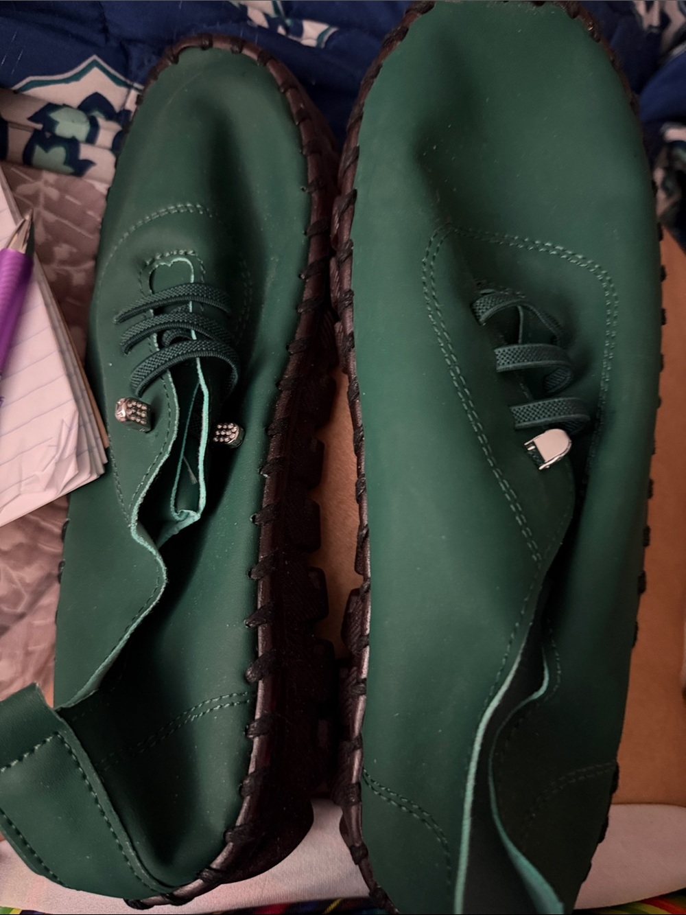 OZMA Deep Green Casual Lace-Up Flats with Black Trim